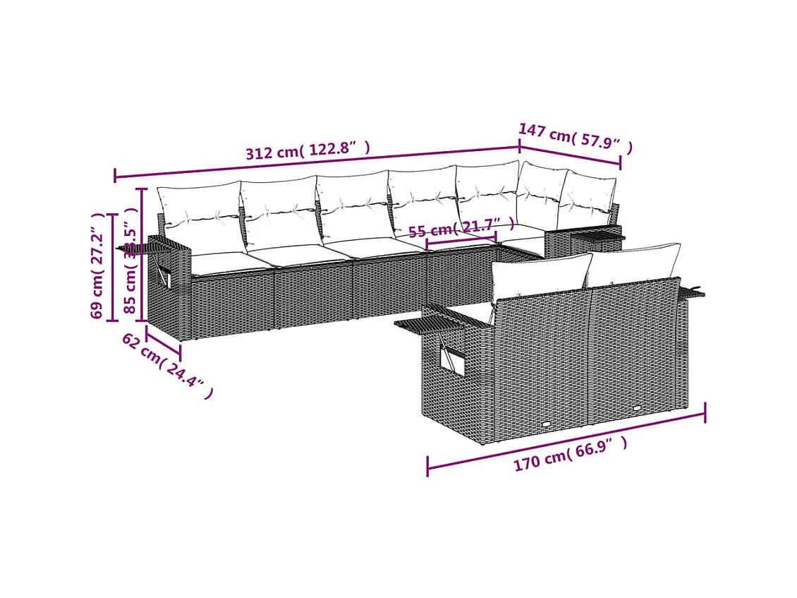 Salon de jardin avec coussins 8 pcs beige résine tressée