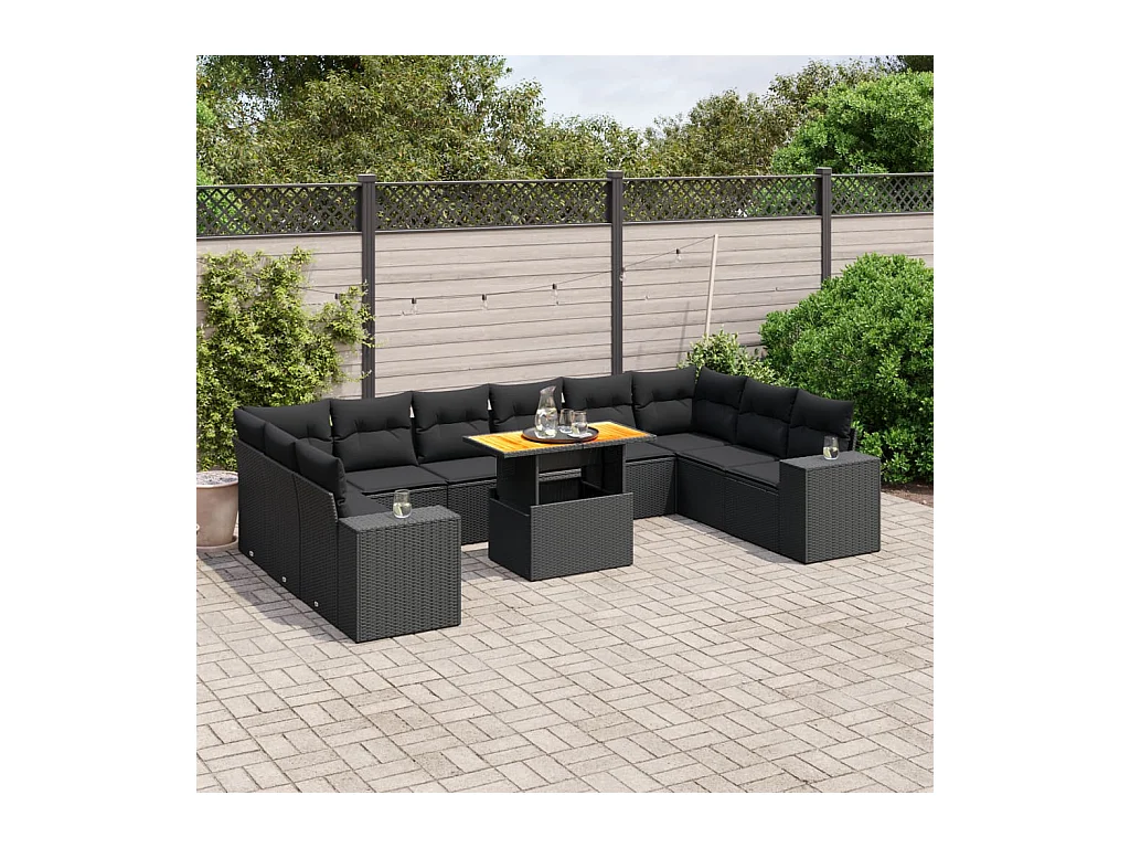 Salon de jardin 11 pcs avec coussins noir résine tressée