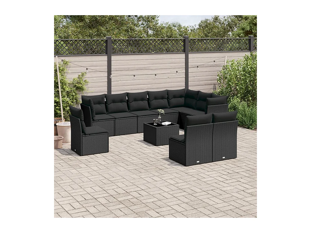 11-tlg. Garten-Sofagarnitur mit Kissen Schwarz Poly Rattan