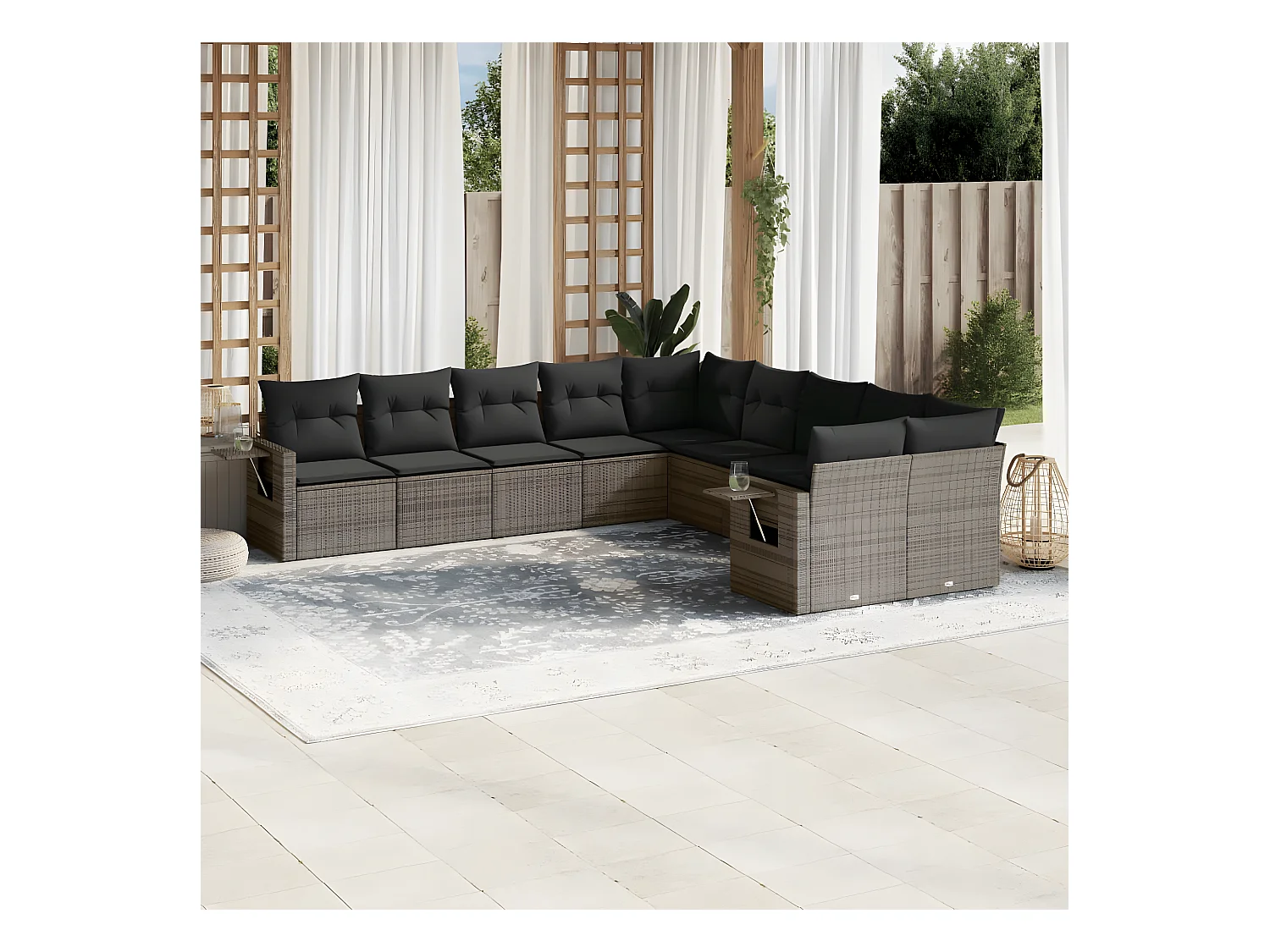 10-delige Loungeset met kussens poly rattan grijs