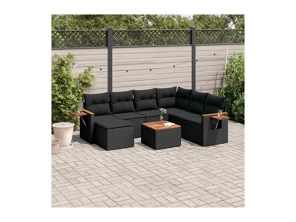 Salon de jardin 8 pcs avec coussins noir résine tressée
