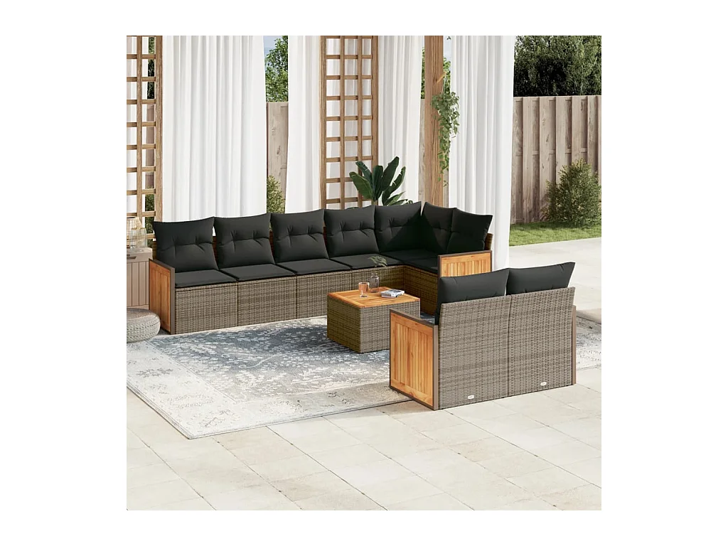 Salon de jardin 9 pcs avec coussins gris résine tressée