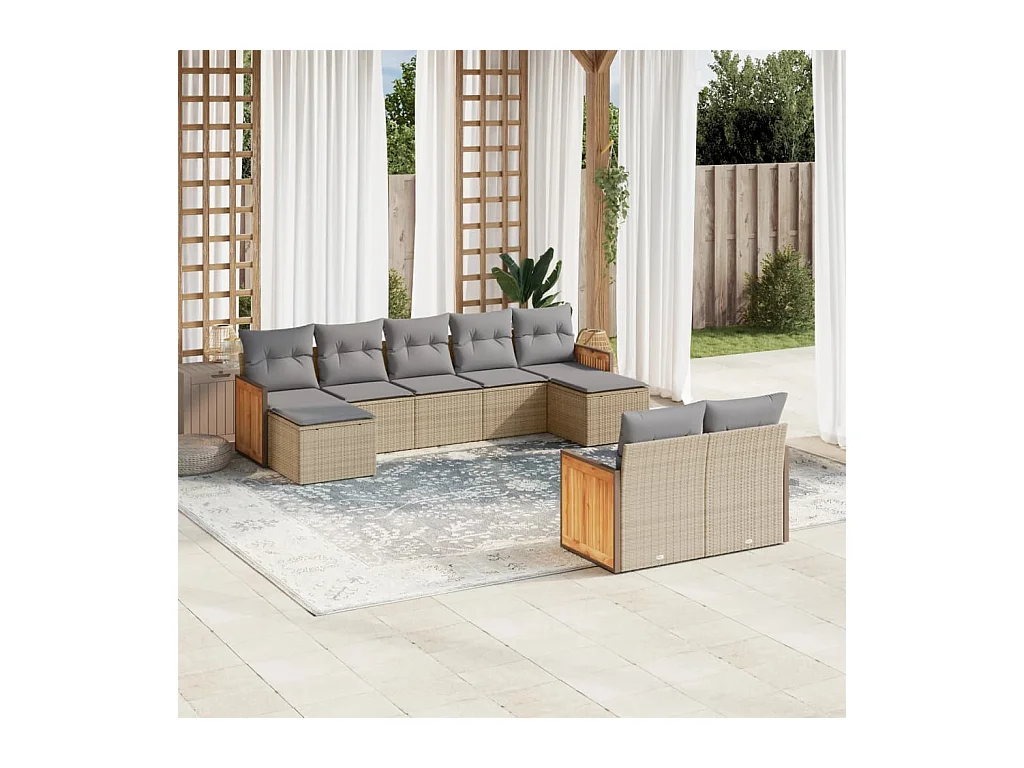 Salon de jardin avec coussins 9 pcs beige résine tressée