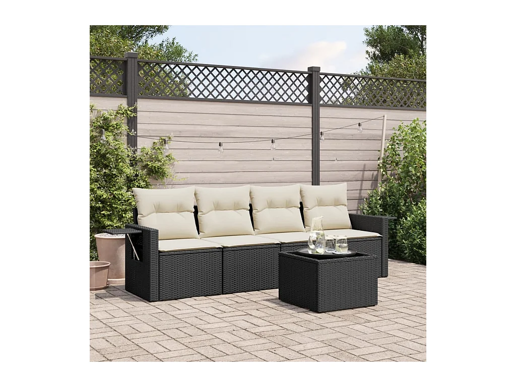 5-delige Loungeset met kussens poly rattan zwart