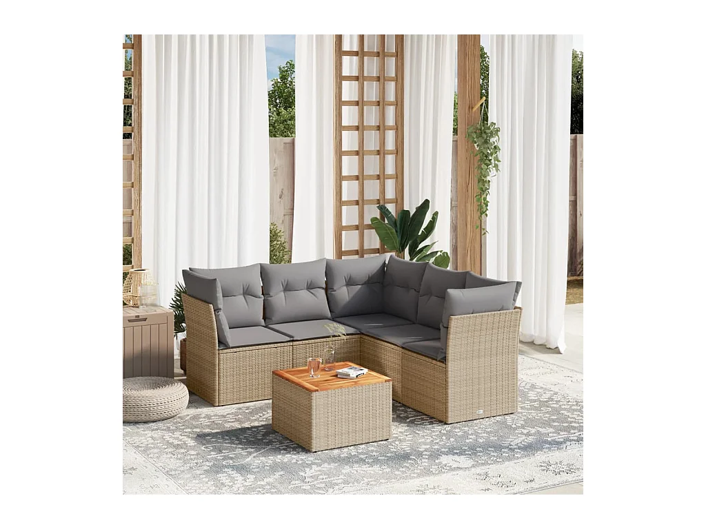 6 pcs conj. sofás jardim c/ almofadões vime PE bege misturado