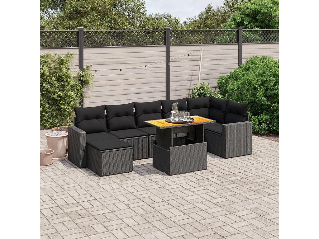 Salon de jardin 8 pcs avec coussins noir résine tressée