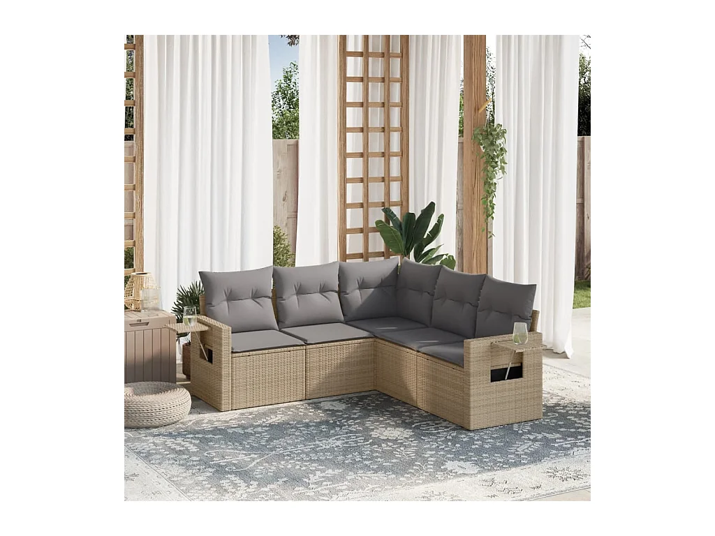 Set Divano da Giardino 5 pz con Cuscini Beige in Polyrattan