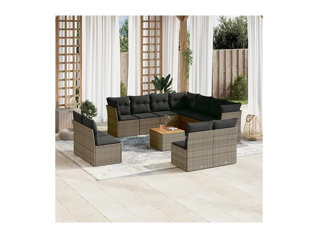 Salon de jardin avec coussins 12 pcs gris résine tressée