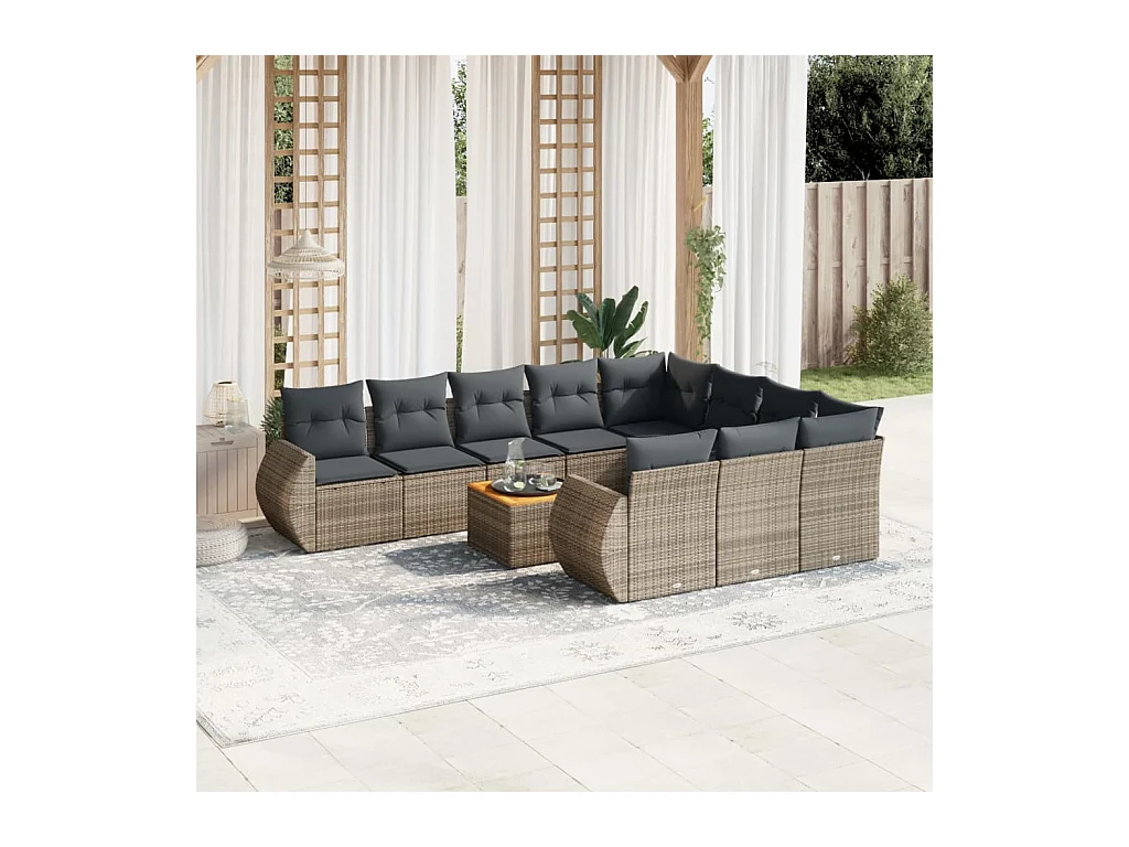 Salon de jardin 11 pcs avec coussins gris résine tressée
