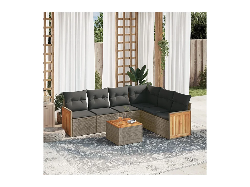 7-delige Loungeset met kussens poly rattan grijs
