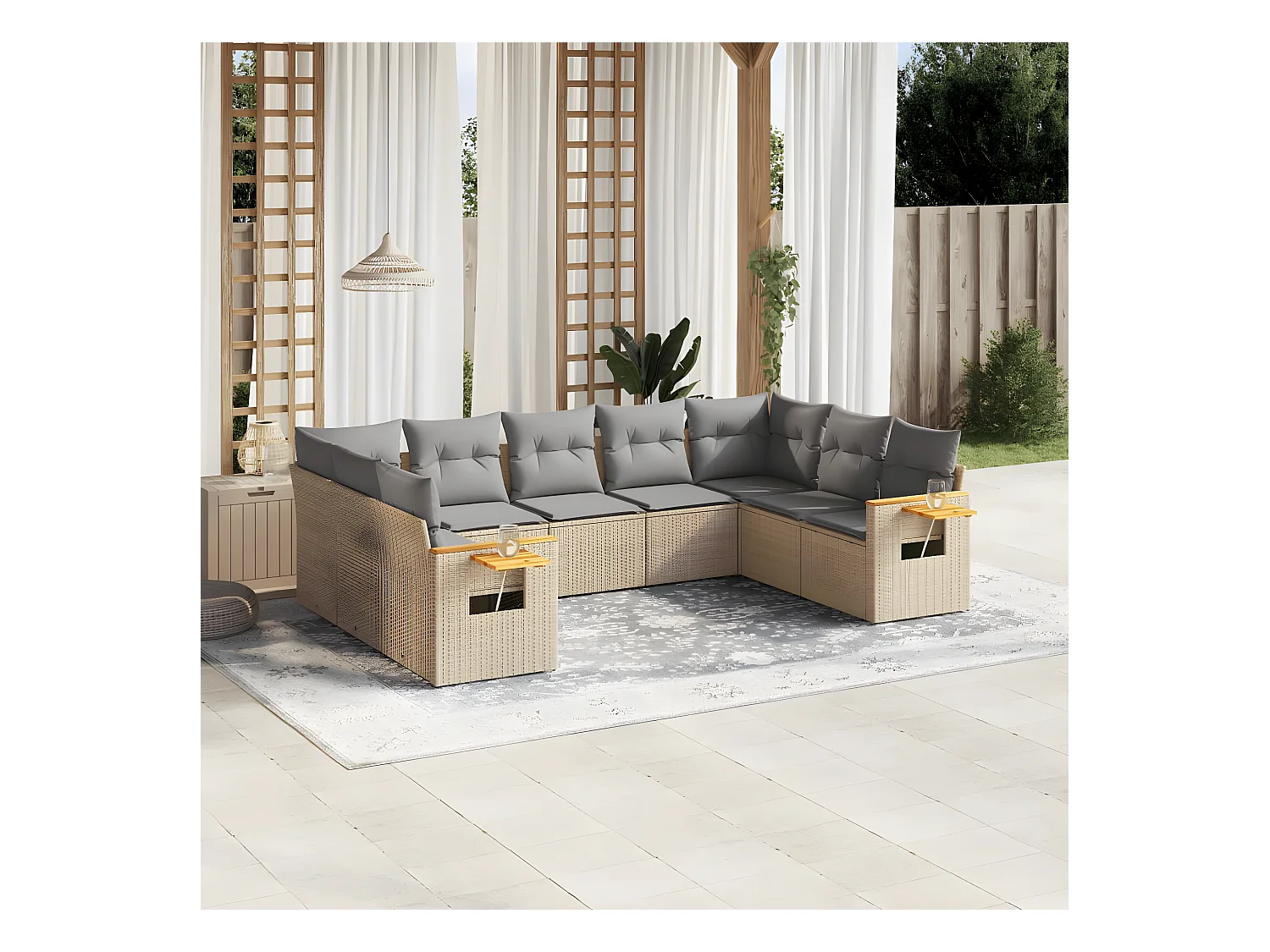 Salon de jardin avec coussins 9 pcs beige résine tressée