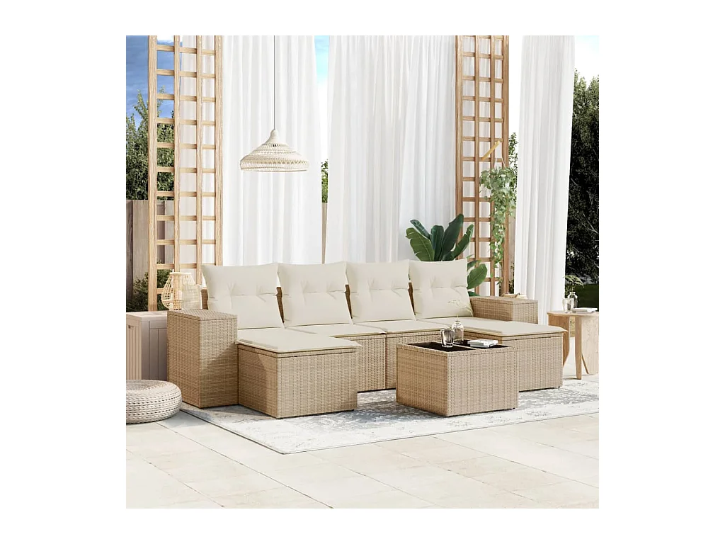 Set Divani da Giardino 7 pz con Cuscini Beige in Polyrattan