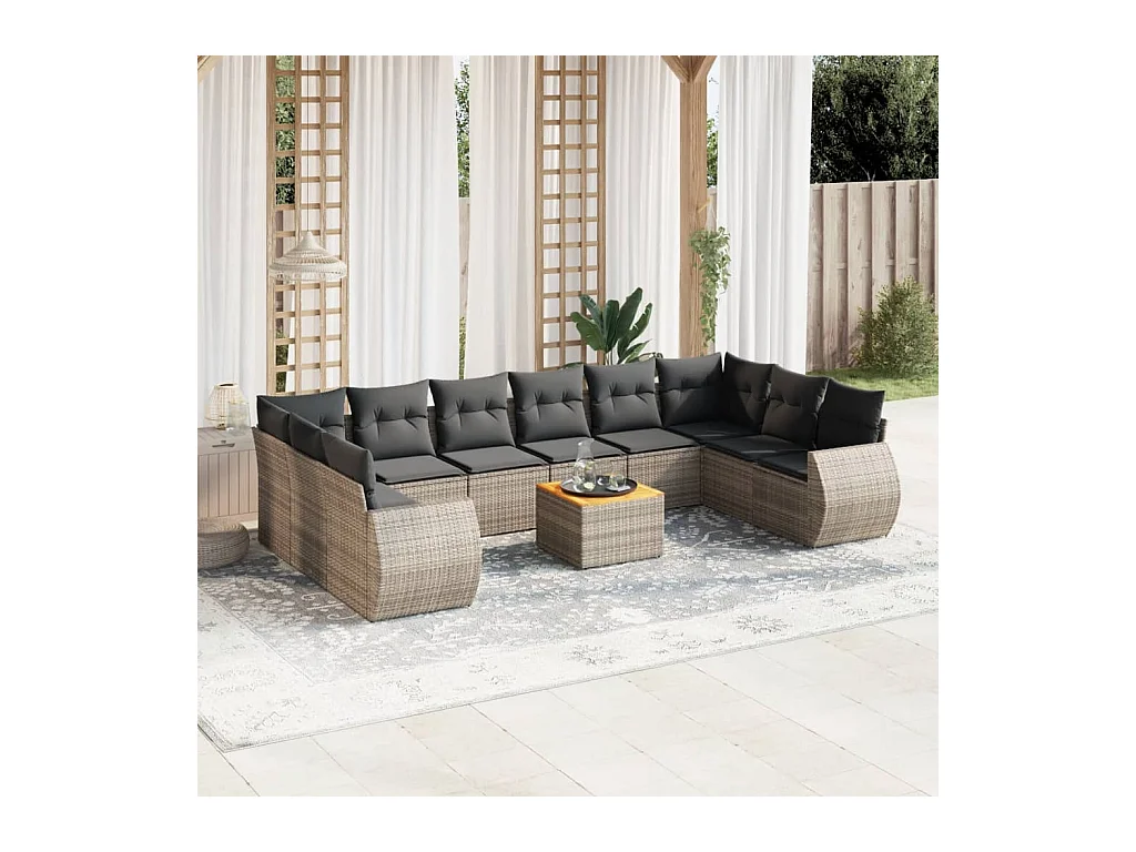 Salon de jardin 11 pcs avec coussins gris résine tressée