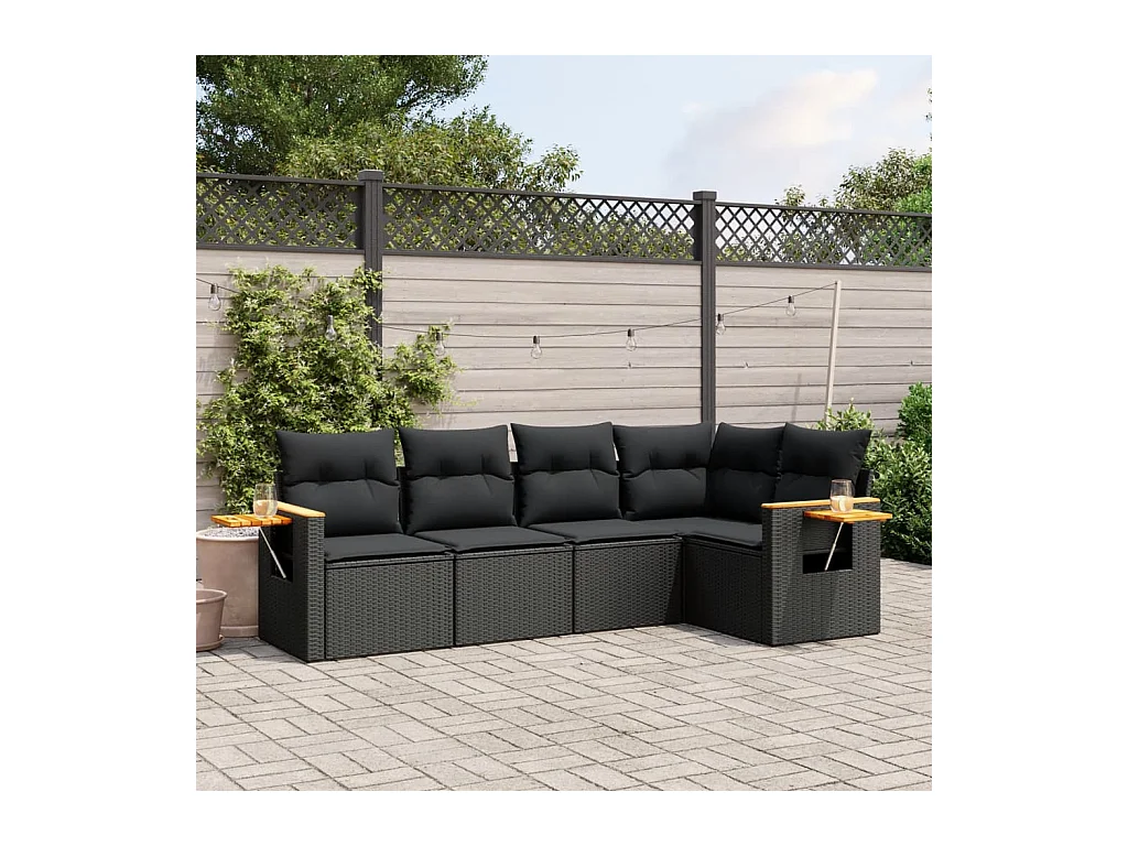 5-tlg. Garten-Sofagarnitur mit Kissen Schwarz Poly Rattan