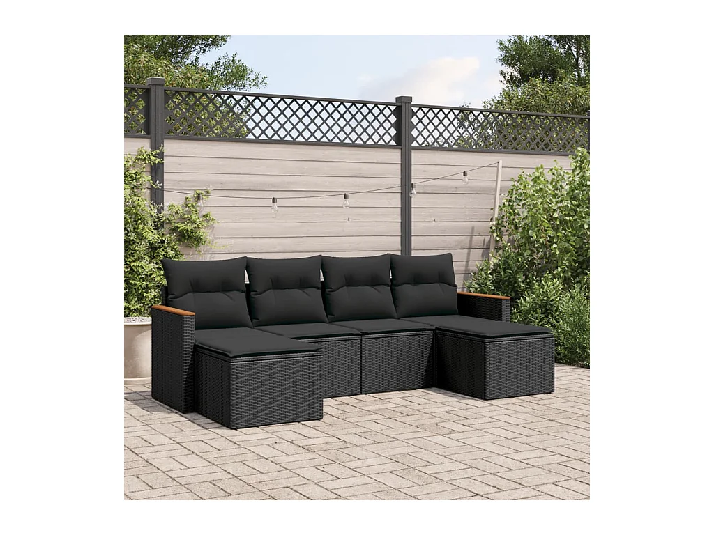 Salon de jardin 6 pcs avec coussins noir résine tressée