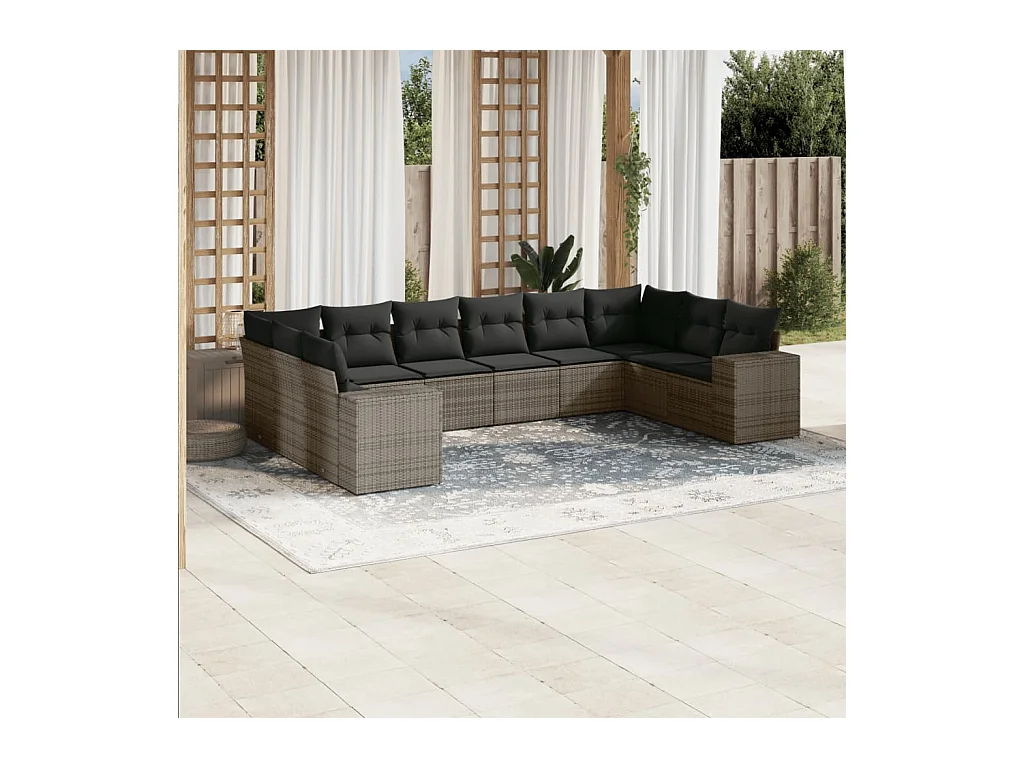 Salon de jardin avec coussins 10 pcs gris résine tressée