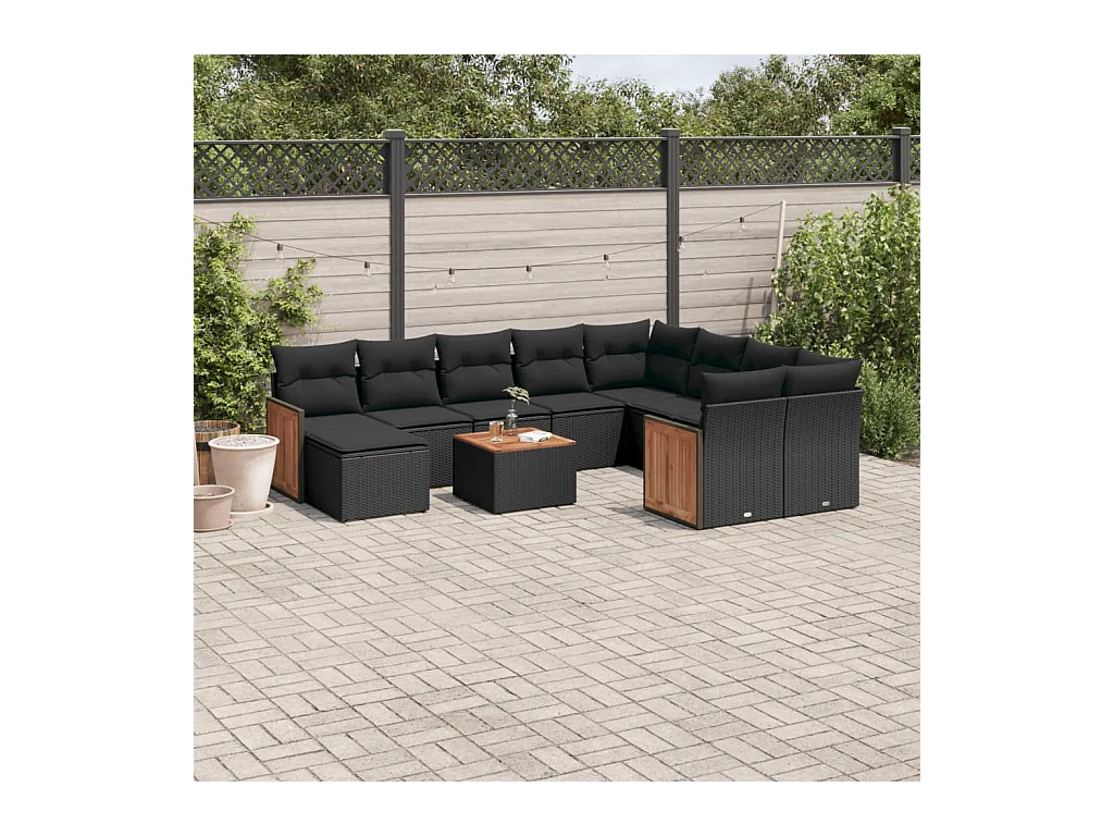 11-delige Loungeset met kussens poly rattan zwart