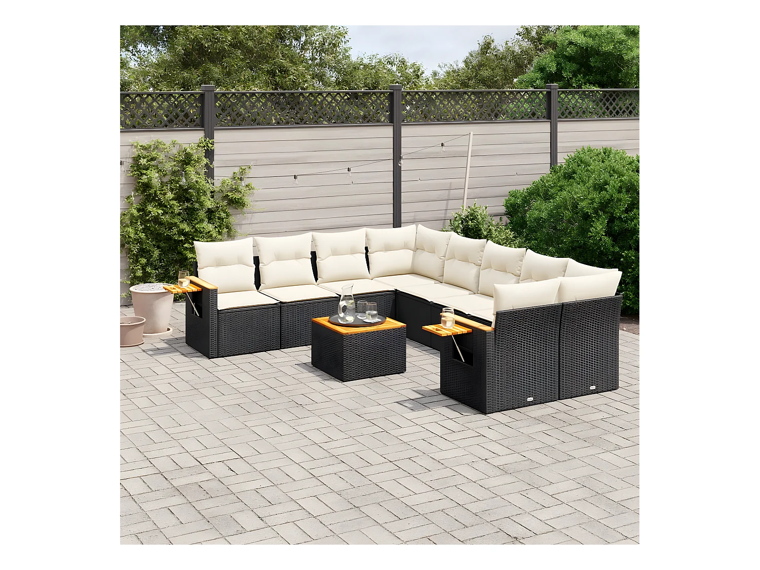 Salon de jardin 9 pcs avec coussins noir résine tressée