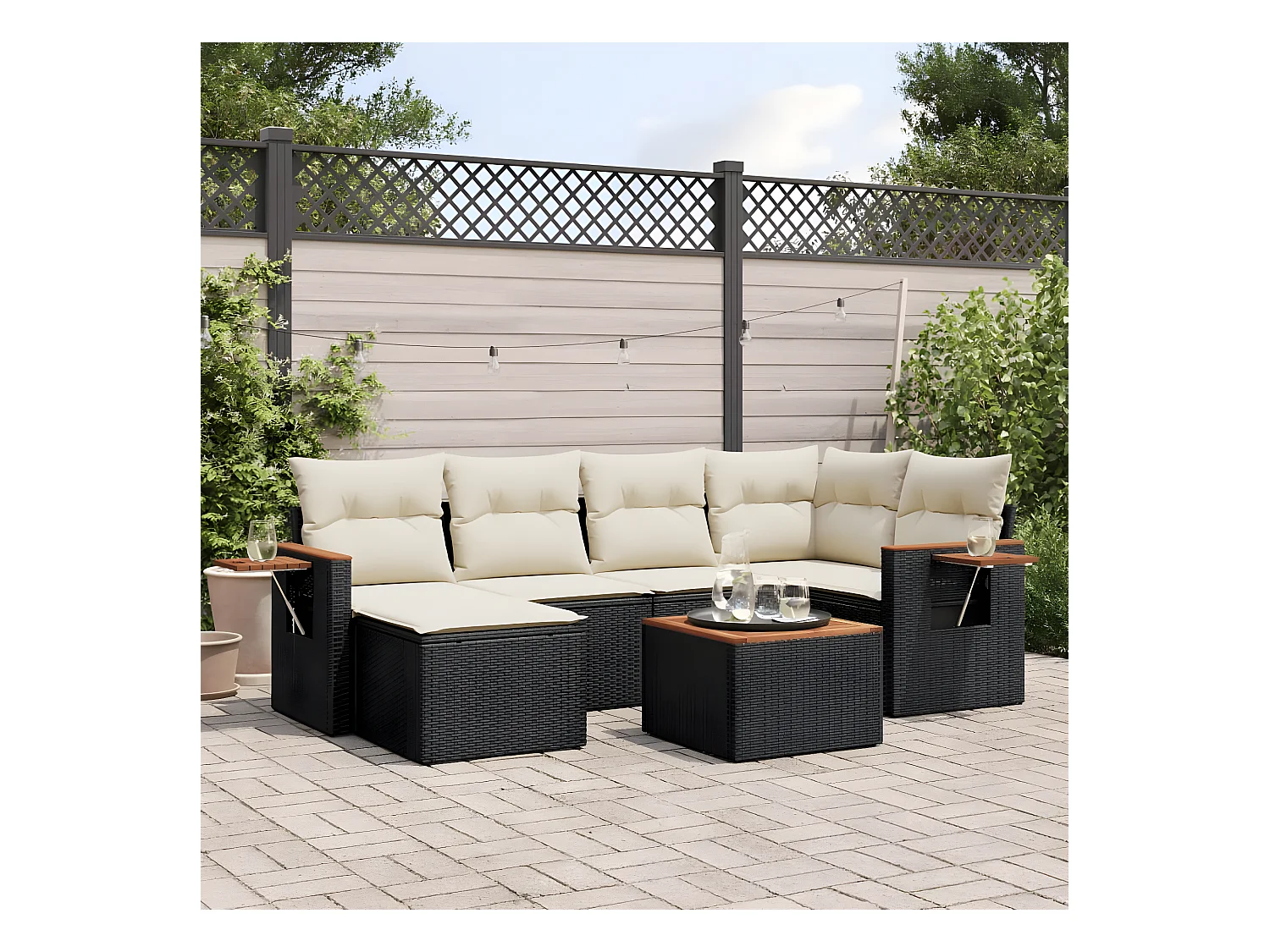 Salon de jardin 7 pcs avec coussins noir résine tressée