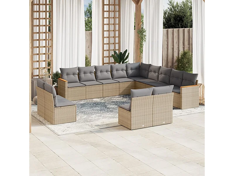 Set Divano da Giardino 13 pz con Cuscini Beige in Polyrattan