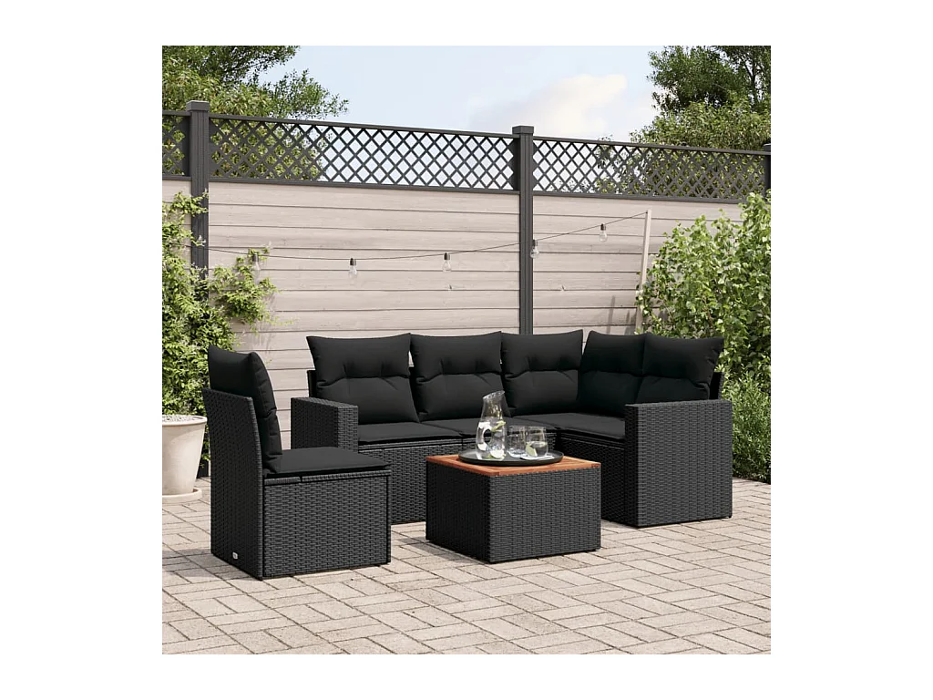 Set Divano da Giardino 6 pz con Cuscini Nero in Polyrattan