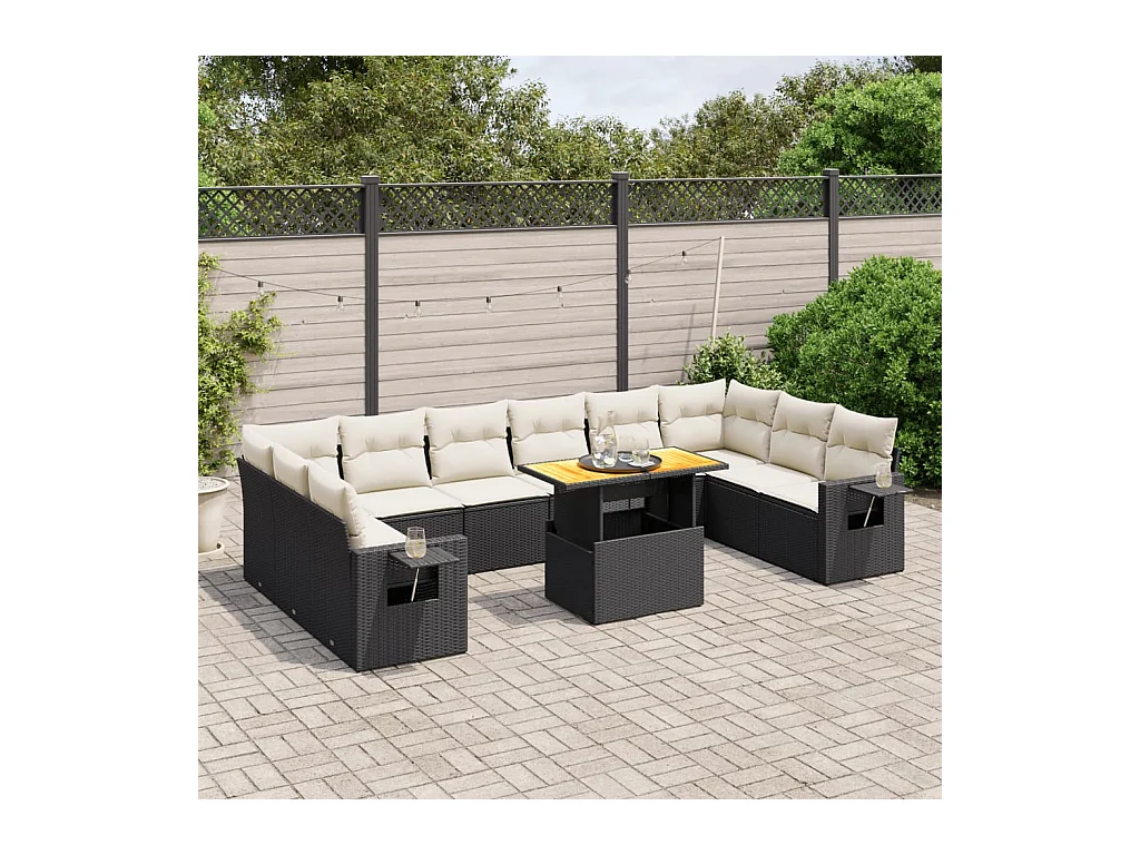 Salon de jardin 11 pcs avec coussins noir résine tressée