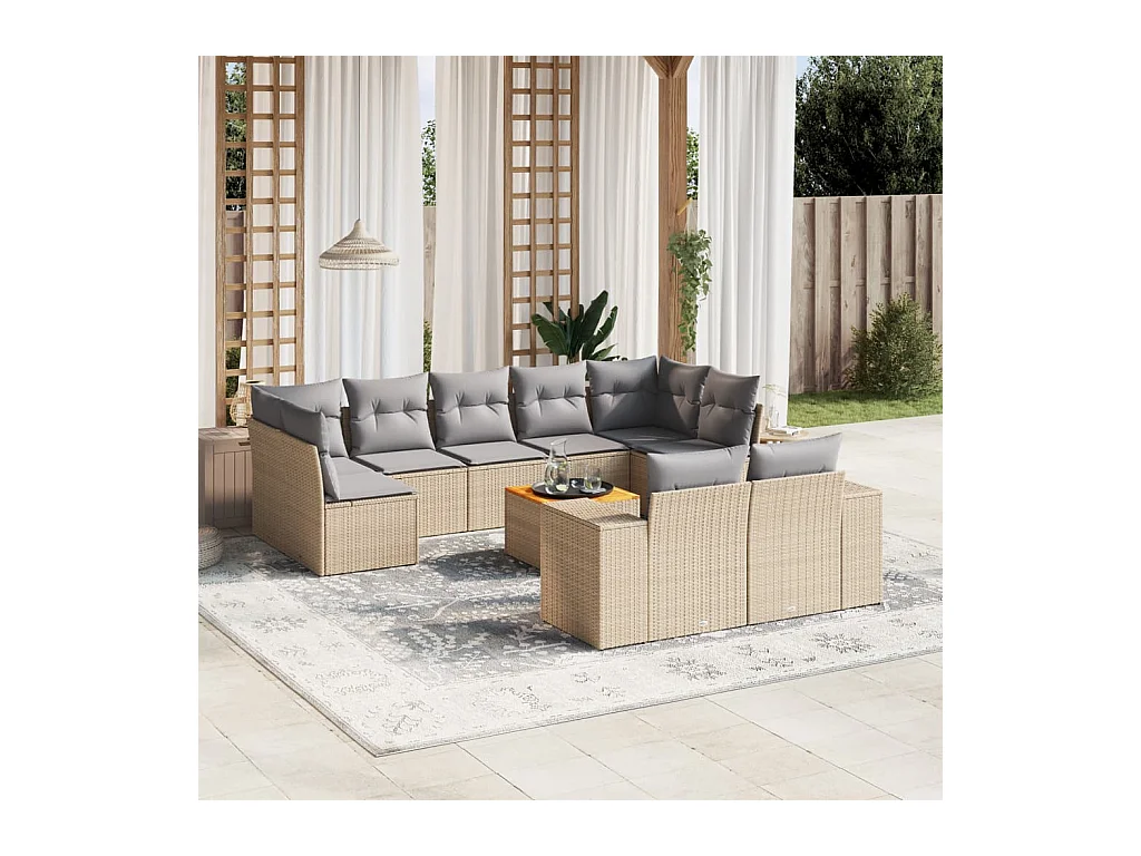 Set Divano da Giardino 10 pz con Cuscini Beige in Polyrattan