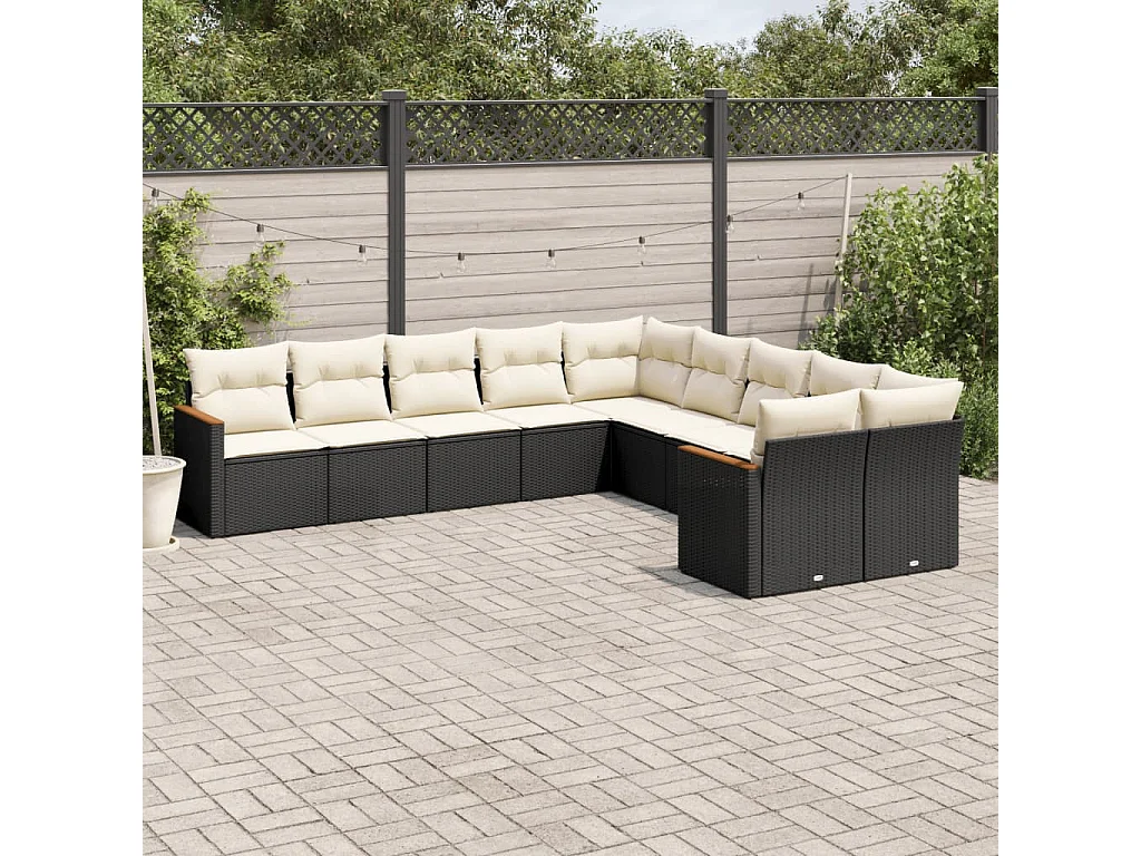 10-delige Loungeset met kussens poly rattan zwart