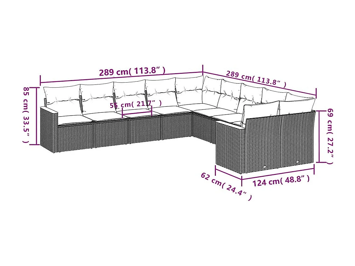 10-delige Loungeset met kussens poly rattan zwart