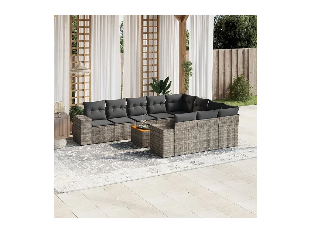 Set Divani da Giardino 11 pz con Cuscini in Polyrattan Grigio
