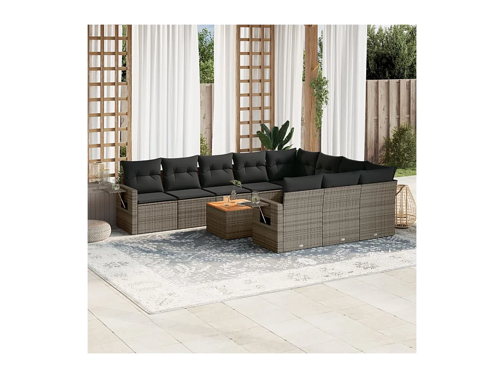 Salon de jardin 11 pcs avec coussins gris résine tressée