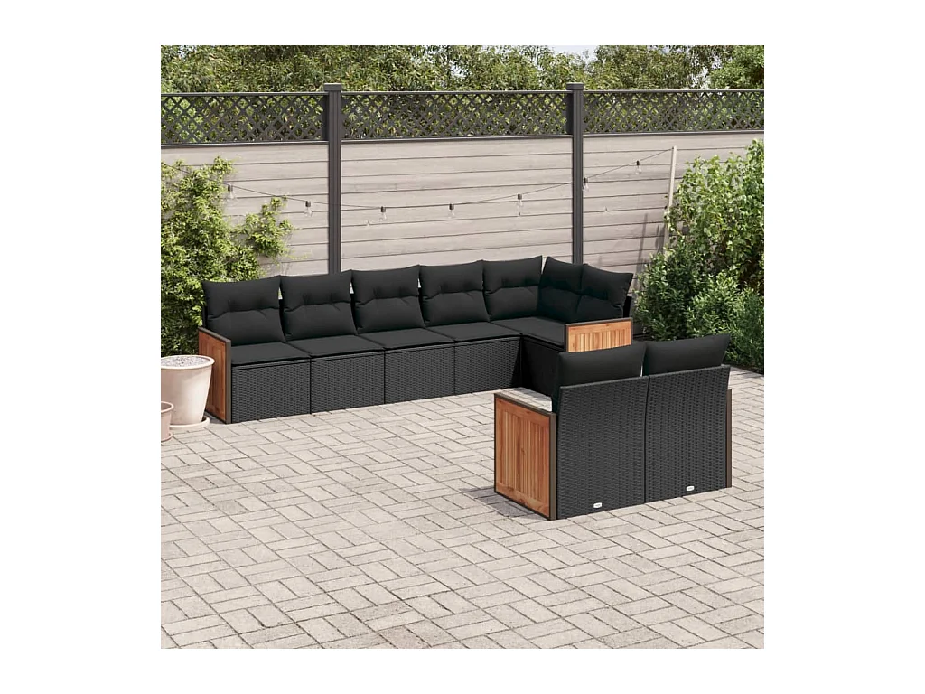 Salon de jardin 8 pcs avec coussins noir résine tressée
