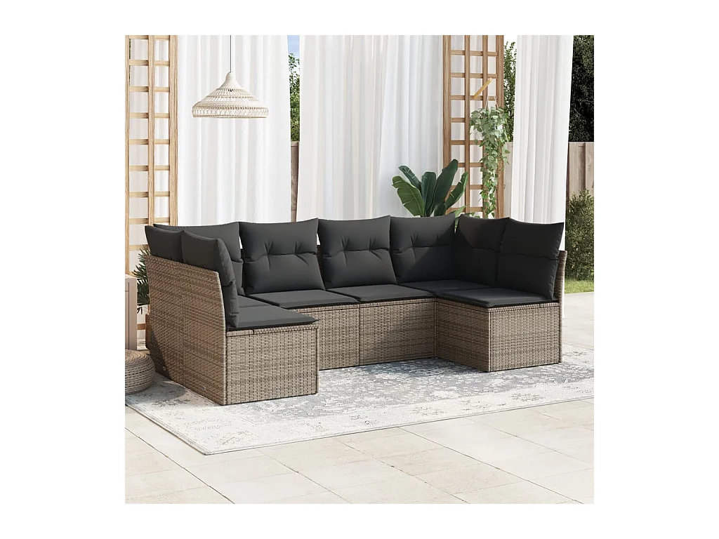 6-delige Loungeset met kussens poly rattan grijs