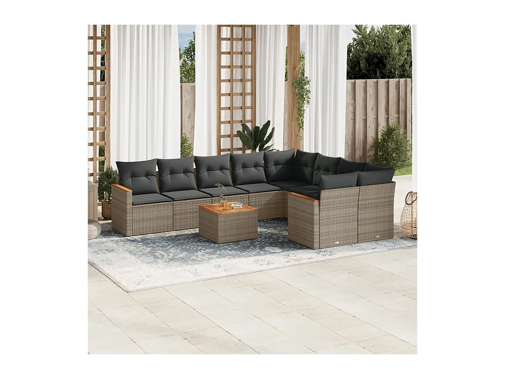 Salon de jardin avec coussins 10 pcs gris résine tressée