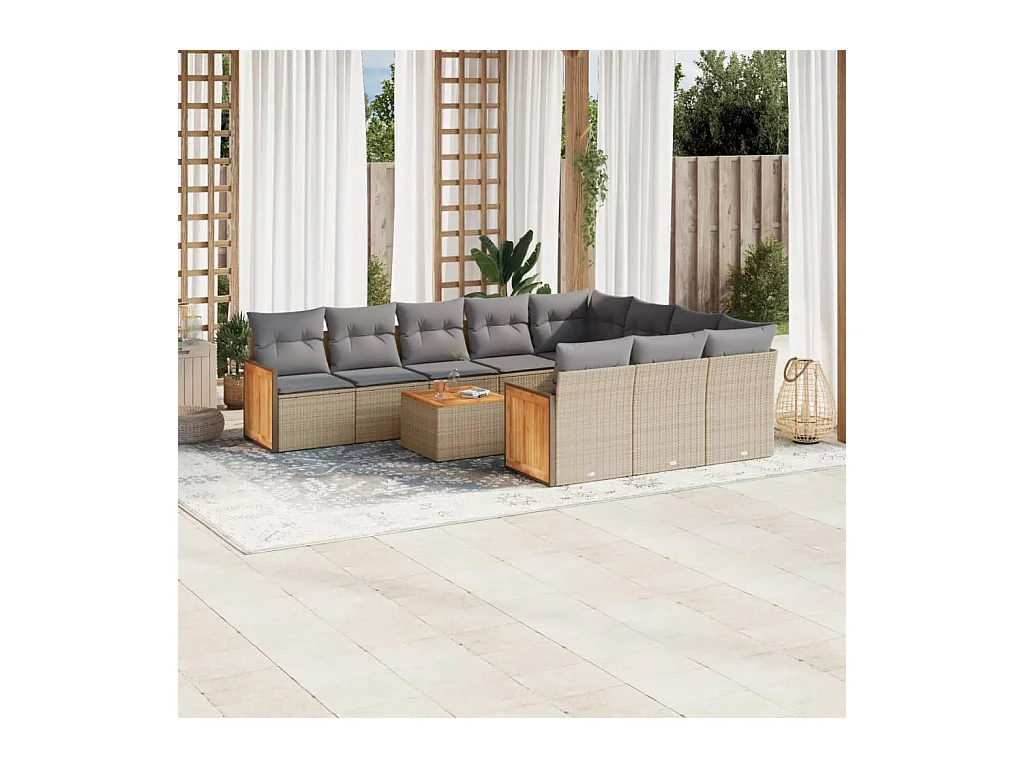 Salon de jardin 11 pcs avec coussins beige résine tressée