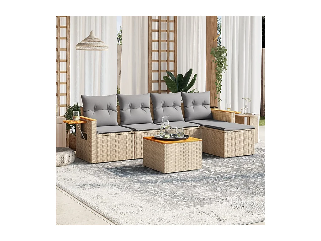 Salon de jardin avec coussins 6 pcs beige résine tressée