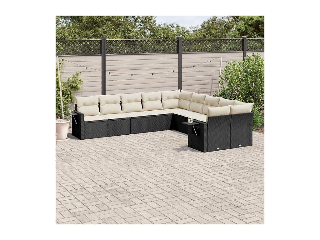 10-delige Loungeset met kussens poly rattan zwart
