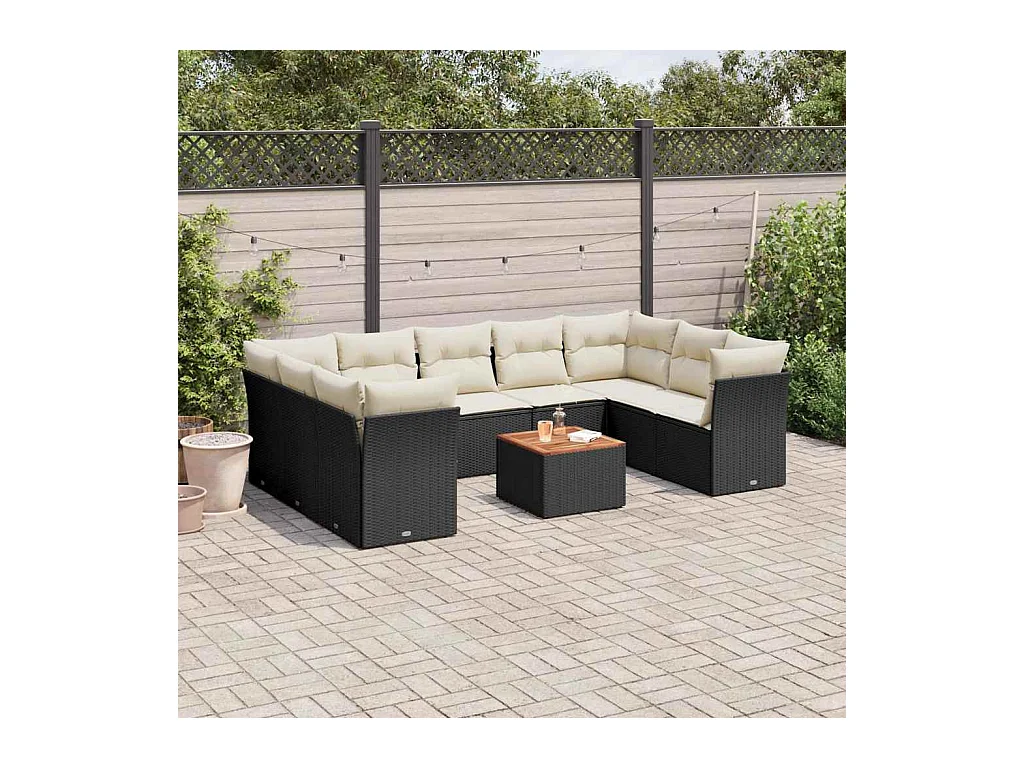 Salon de jardin 10 pcs avec coussins noir résine tressée