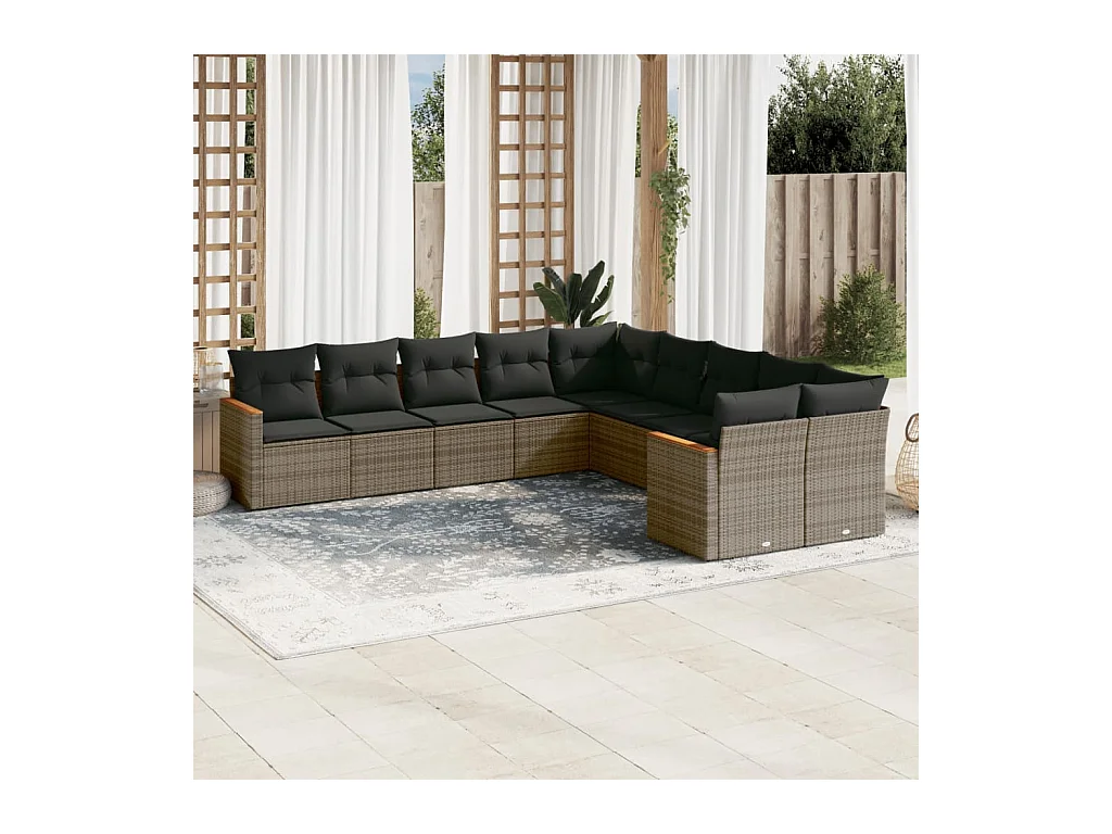 Salon de jardin avec coussins 10 pcs gris résine tressée