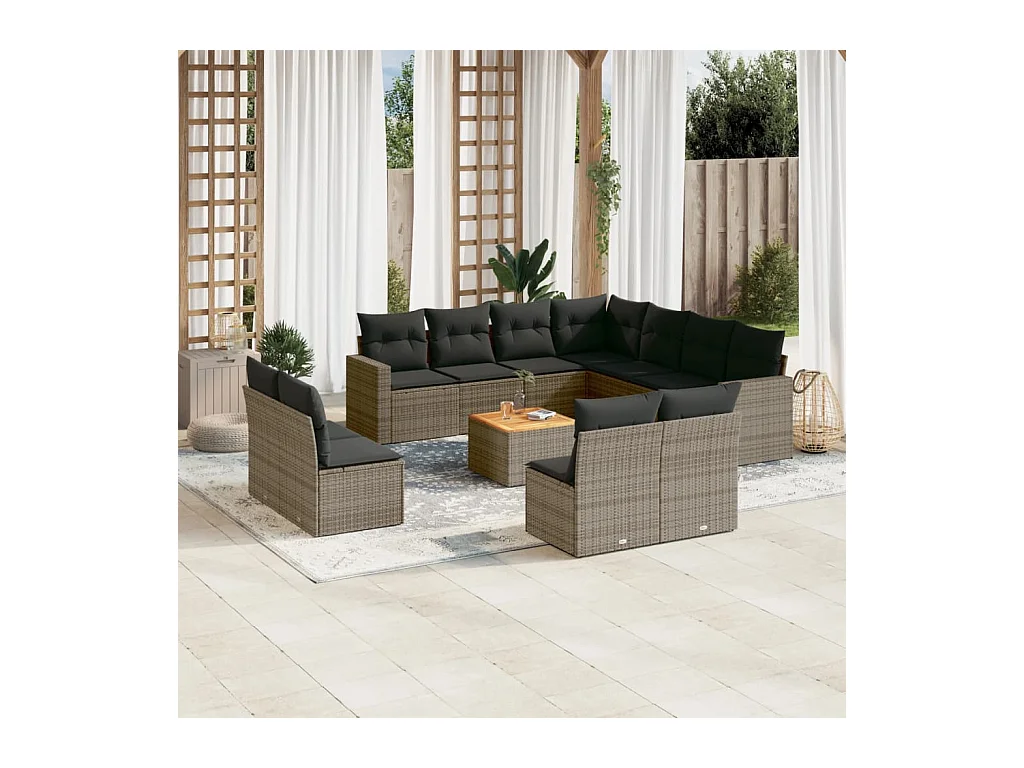 Salon de jardin avec coussins 12 pcs gris résine tressée
