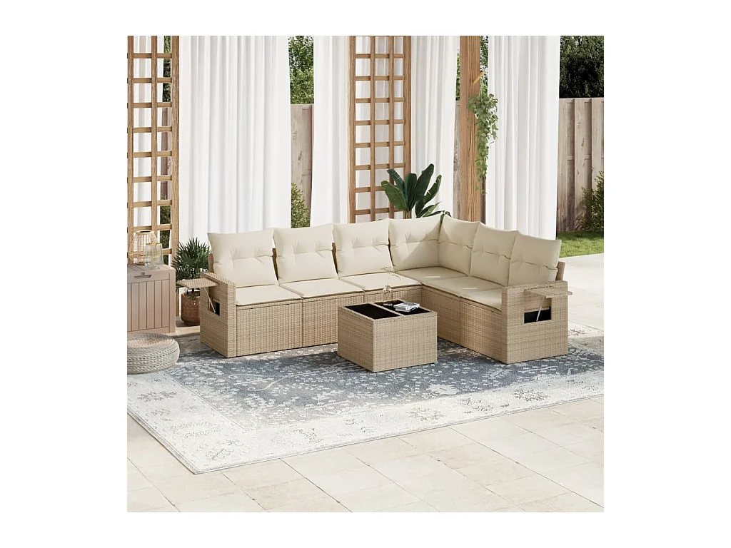 7-delige Loungeset met kussens poly rattan beige