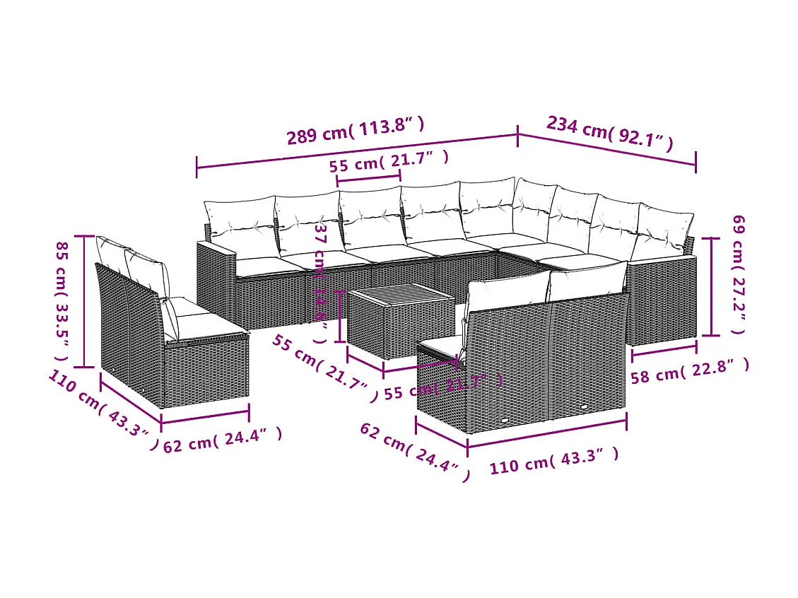 Set Divano da Giardino 13 pz con Cuscini Beige in Polyrattan