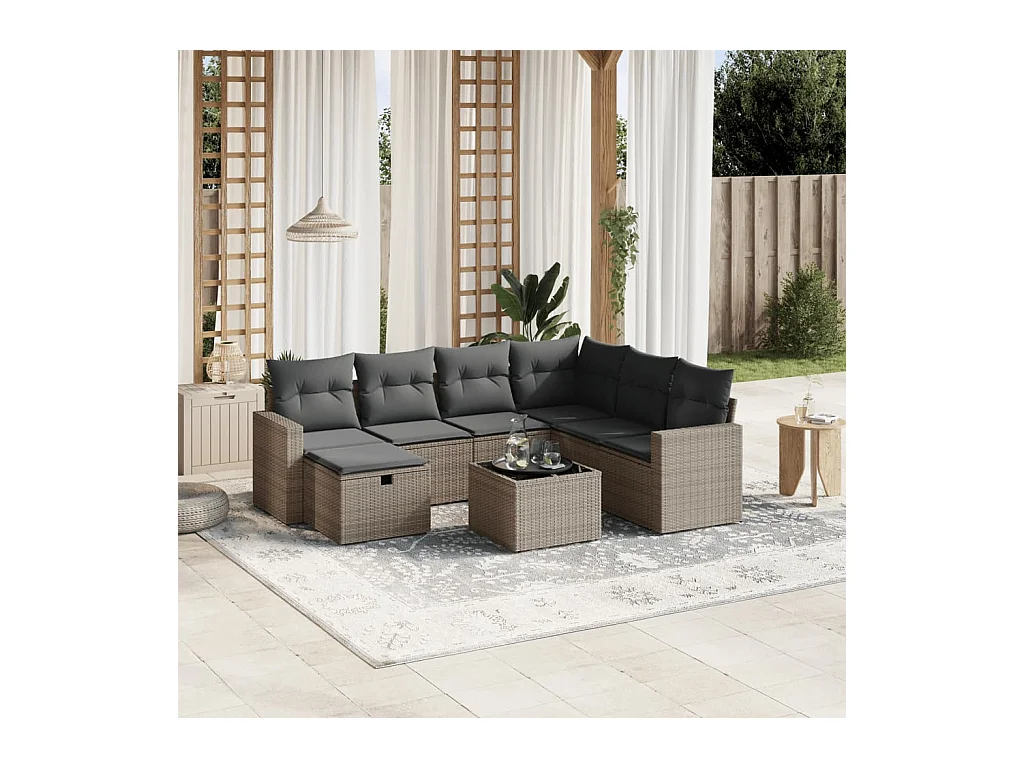 Salon de jardin 8 pcs avec coussins gris résine tressée