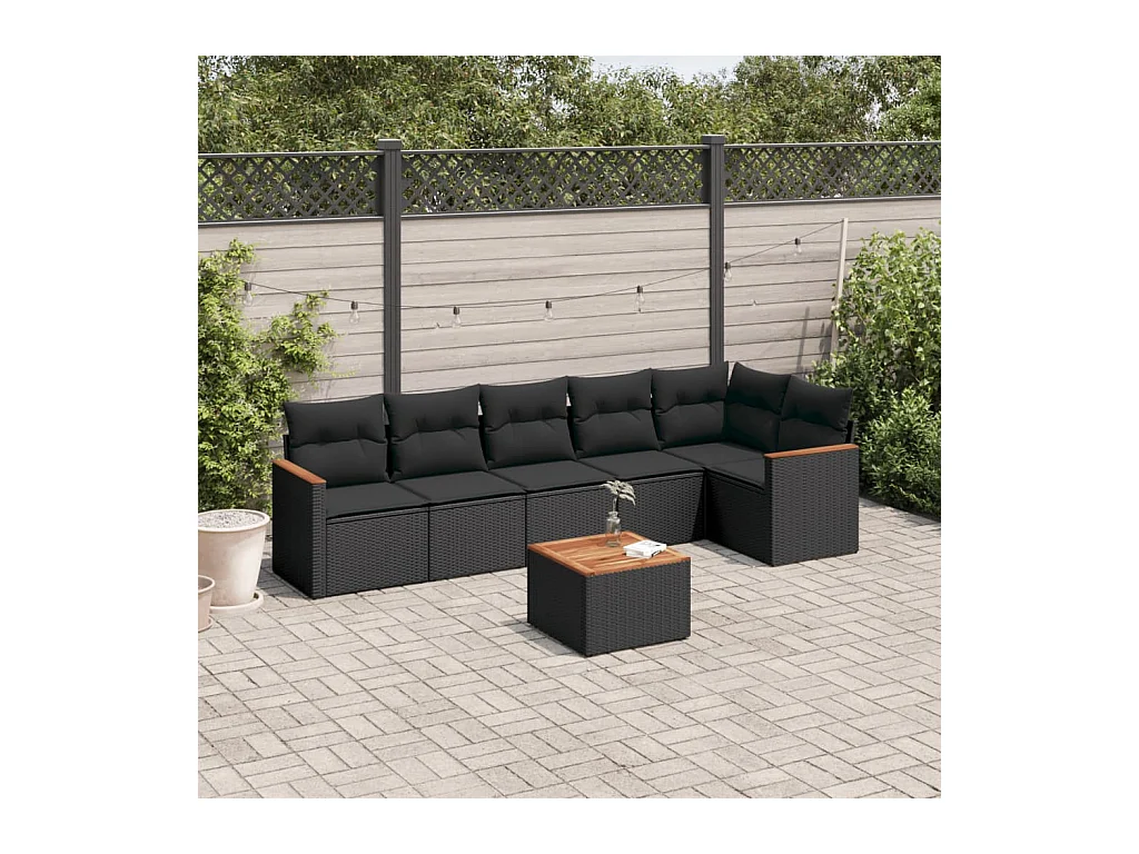 7-delige Loungeset met kussens poly rattan zwart