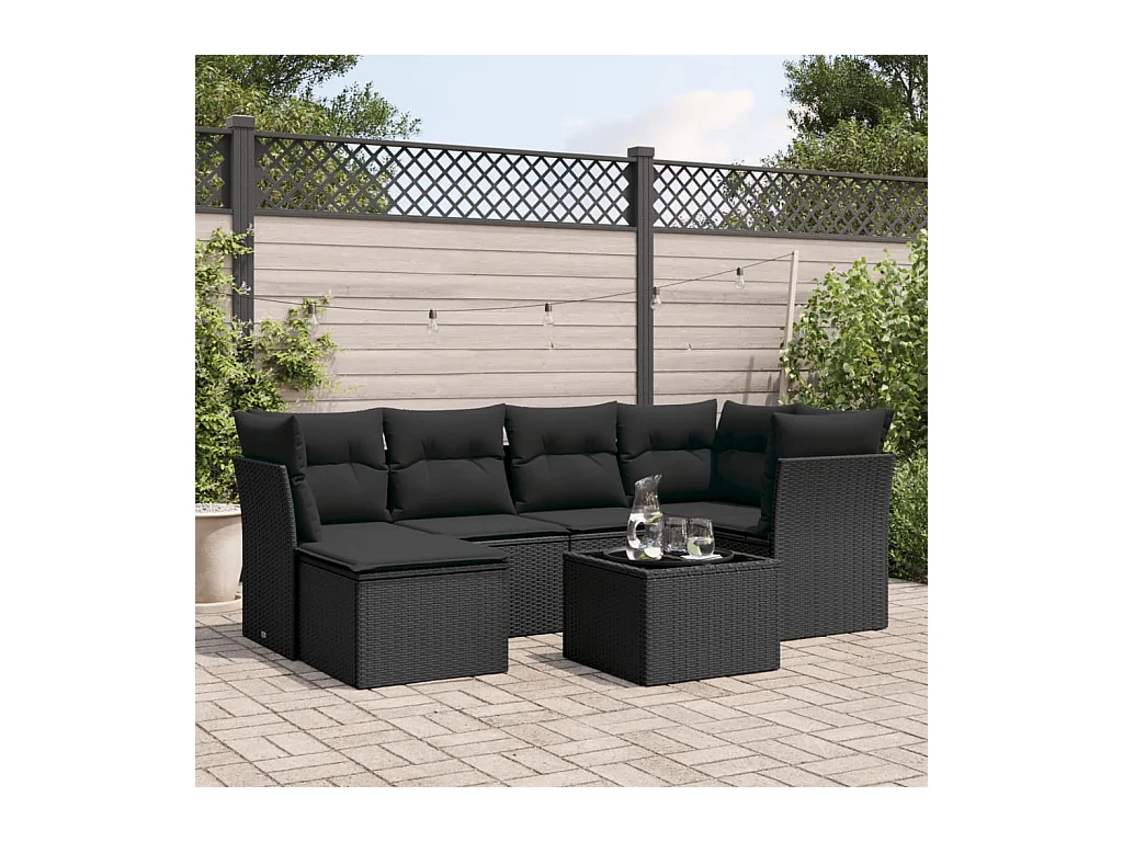 Set Divani da Giardino con Cuscini 7pz Nero Polyrattan