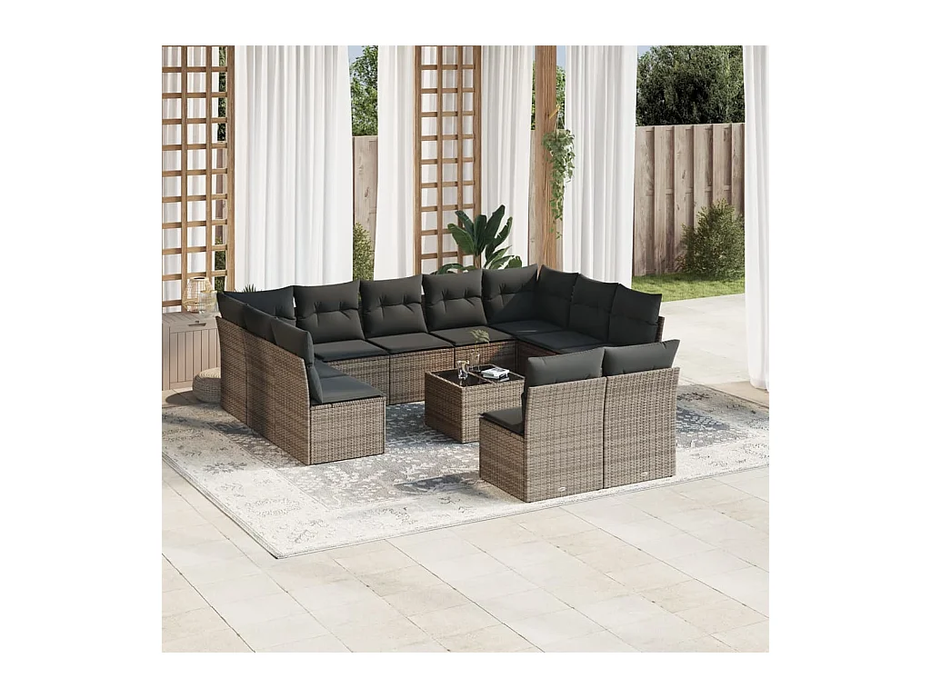 12-delige Loungeset met kussens poly rattan grijs