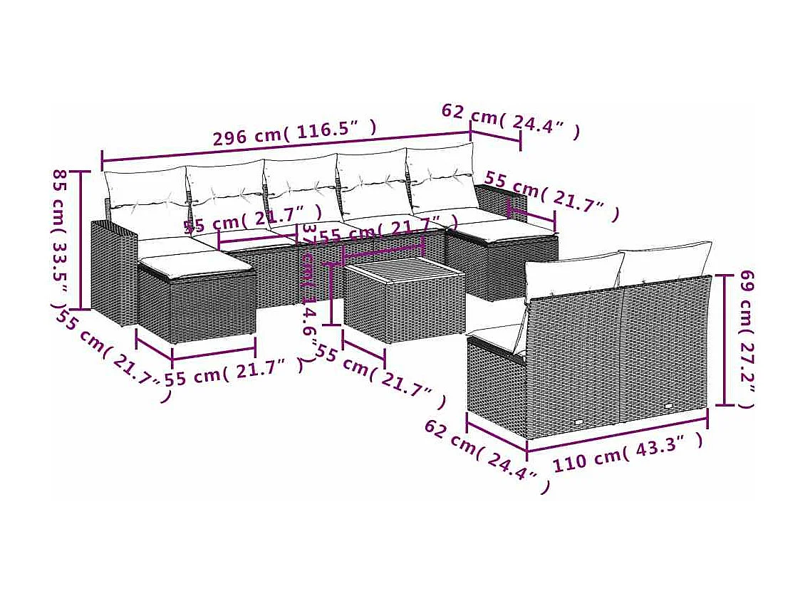 Salon de jardin 10 pcs avec coussins noir résine tressée