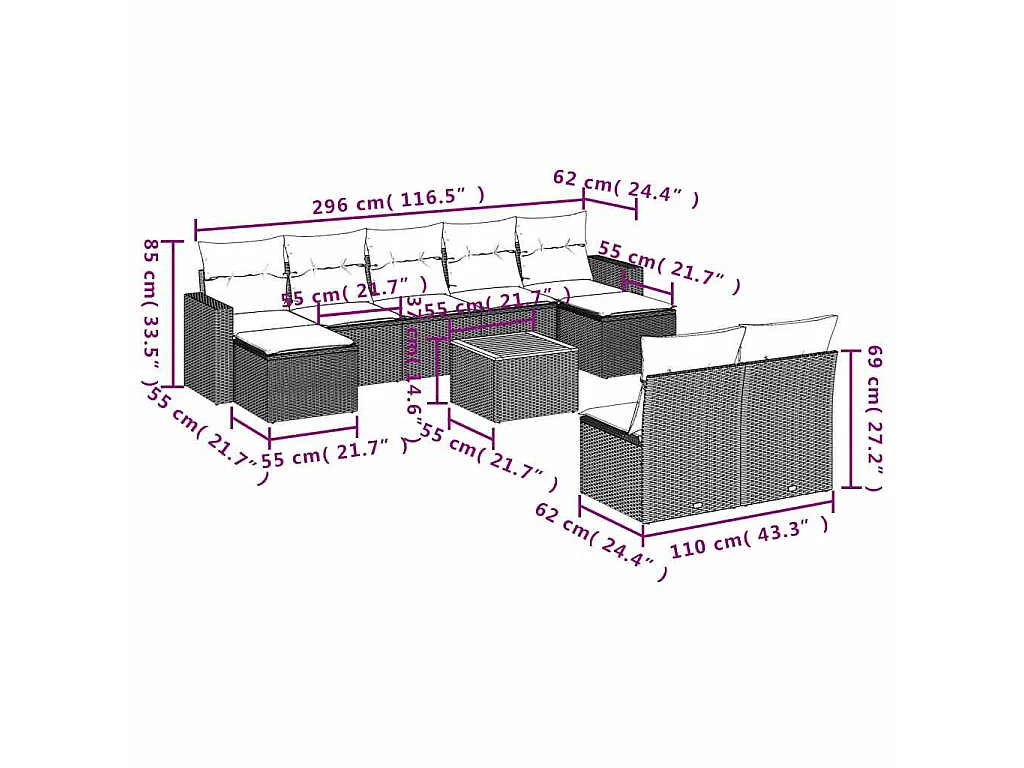 10-tlg. Garten-Sofagarnitur mit Kissen Schwarz Poly Rattan