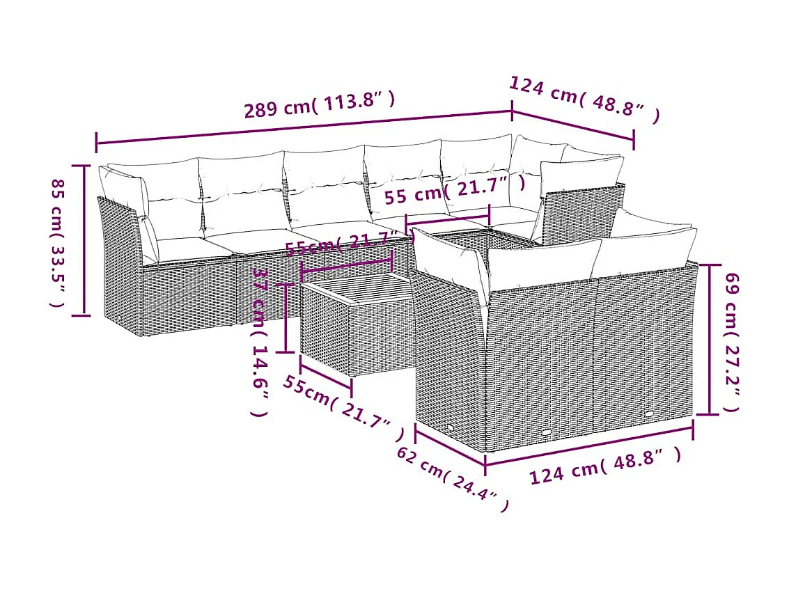 Set Divani da Giardino 9 pz con Cuscini Nero in Polyrattan