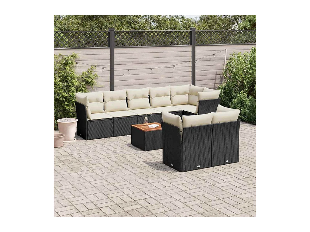 Set Divani da Giardino 9 pz con Cuscini Nero in Polyrattan